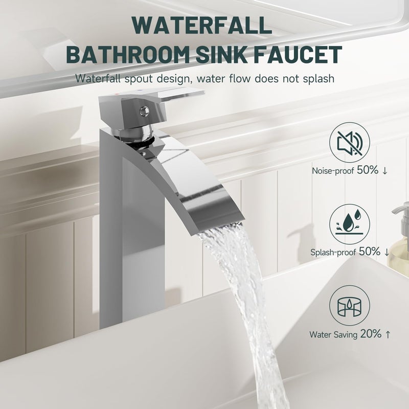 Green Spring Greenspring Chrome Vessel Sink Faucet, Waterfall Bathroom Faucets, Tall Spout Single Handle Single Hole Bathroom Faucets with Pop Up Drain and Without Overflow Basin Faucet Supply Line - Image 3